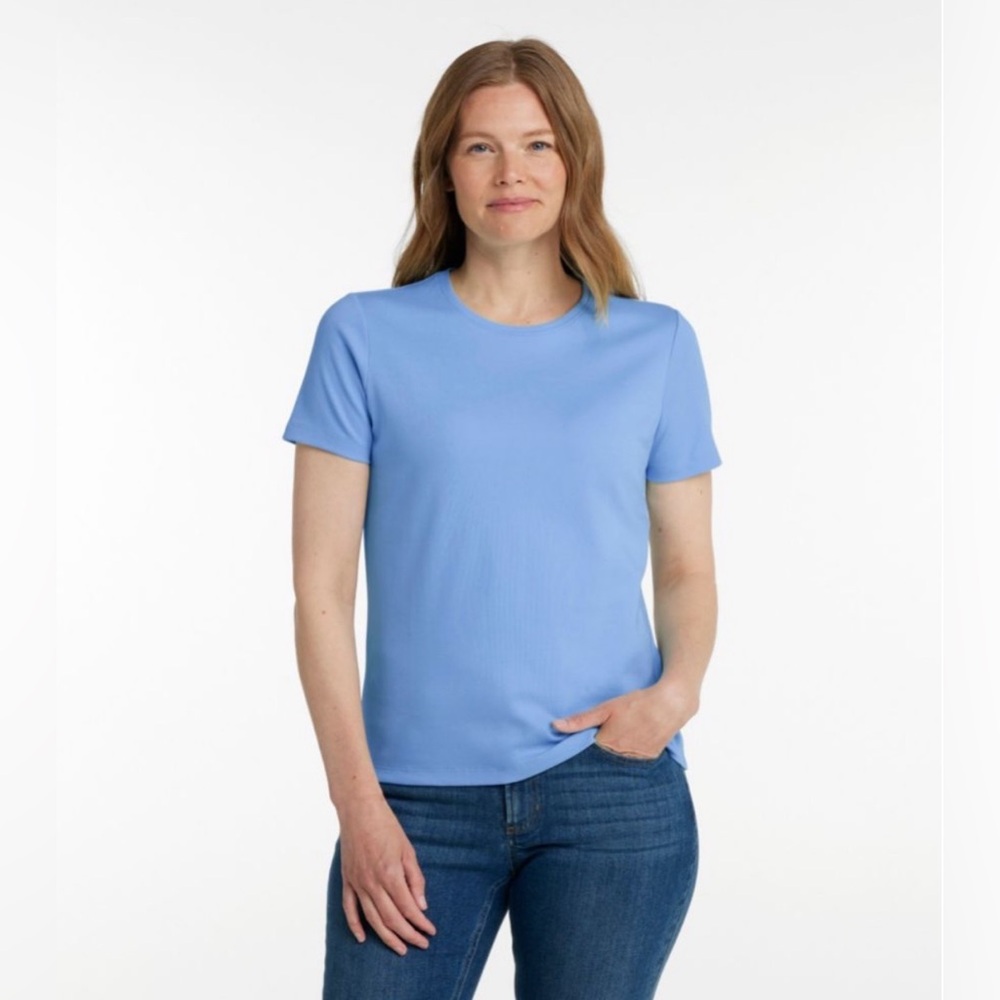 L.L. BEAN 100% Cotton Ocean Waves Blue Scoop Neck Short Sleeve Size M